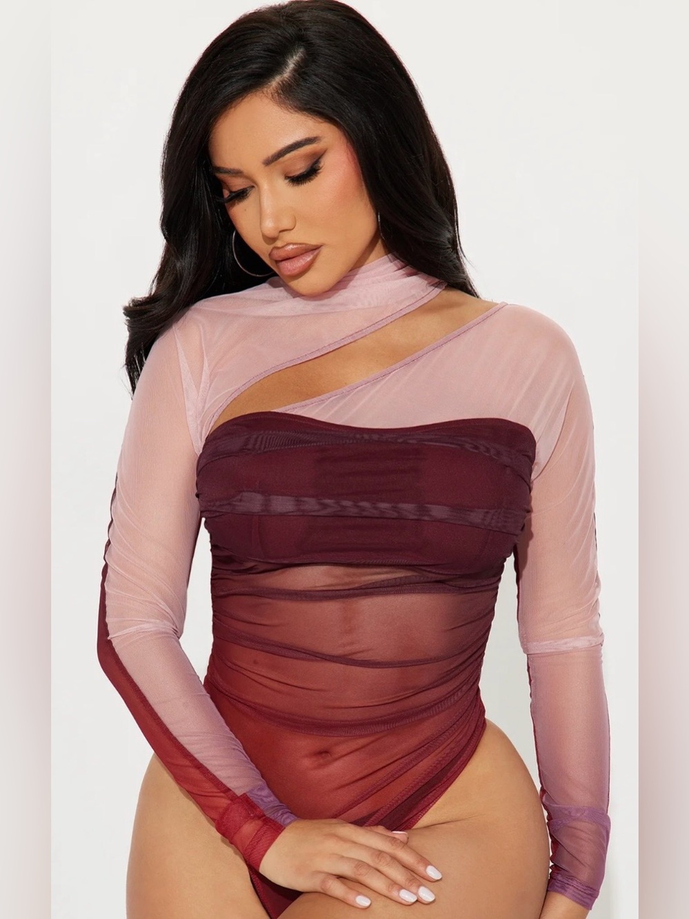 Fashion Nova Burgundy & Pink Mesh Bodysuit – Size 2X
